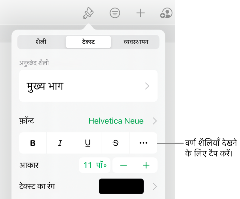 शीर्ष पर अनुच्छेद शैलियों के साथ फ़ॉर्मैट नियंत्रण, फिर फ़ॉन्ट नियंत्रण। फ़ॉन्ट के नीचे टेक्स्ट करने के लिए बोल्ड, अंडरलाइन, स्ट्राइकथ्रू इत्यादि विकल्प के बटन हैं।