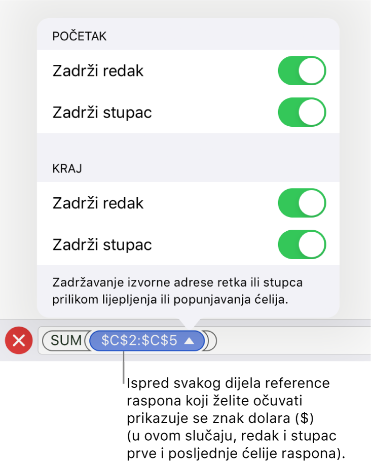 Kontrole za određivanje referenci redaka i stupaca koje će biti sačuvane u slučaju pomicanja ili kopiranja ćelije. Znak dolara pojavljuje se ispred svakog dijela reference raspona koju želite sačuvati.