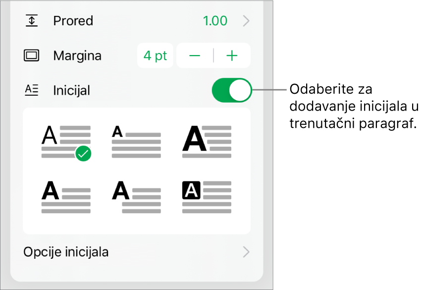 Kontrole opcija Inicijal koje se nalaze na dnu izbornika Tekst.