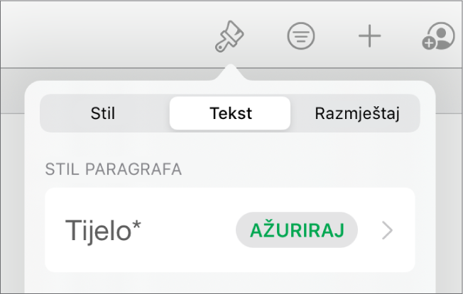 Stil paragrafa s asteriskom do njega i tipka Ažuriranja s desne strane.