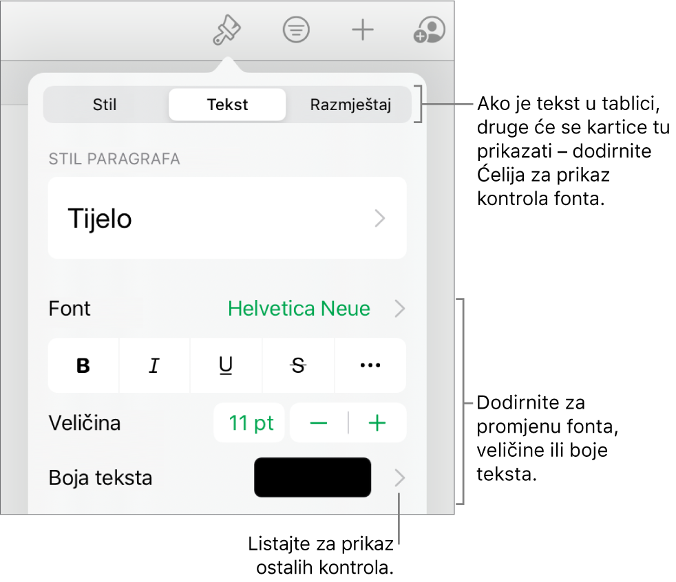 Kontrole teksta u izborniku Format za postavljanje paragrafa i stilova paragrafa, fonta, veličine i boje.