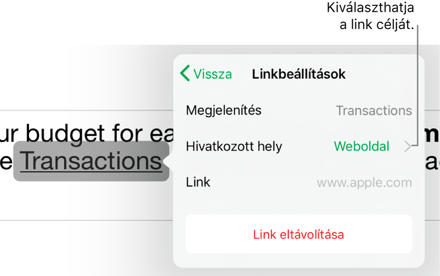 A Linkbeállítások vezérlők a Megjelenítés, a Hivatkozott hely (webhely beállítással) és a Link mezőkkel. A Link eltávolítása gomb alul található.