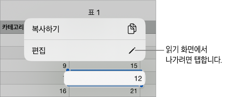 표 셀이 선택되어 있고 그 위에 복사하기 및 편집 버튼이 있는 메뉴가 있음.