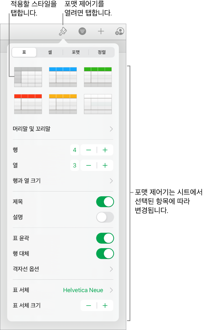 포맷 버튼의 표 패널.