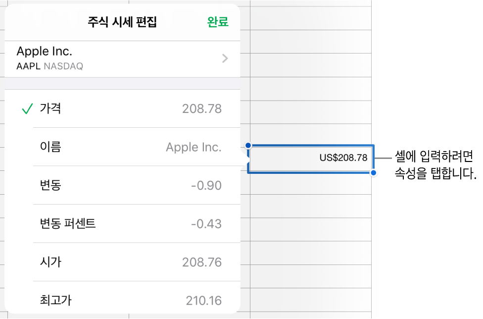 상단에 주식 이름과 하단에 가격, 이름, 변동, 변동 퍼센트, 시가 및 최고가를 포함한 선택 가능한 주식 속성이 표시되어 있는 주식 시세 팝오버.