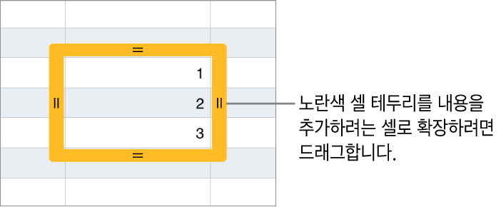 자동 채우기 셀로 드래그할 수 있는 큰 노란색 테두리가 있는 선택된 셀