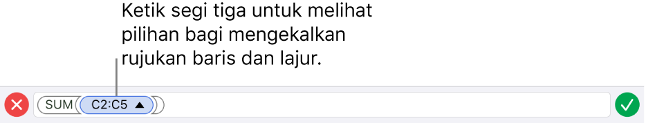 Editor Formula yang menunjukkan cara untuk mengekalkan rujukan baris dan lajur apabila sel disalin atau dipindahkan.