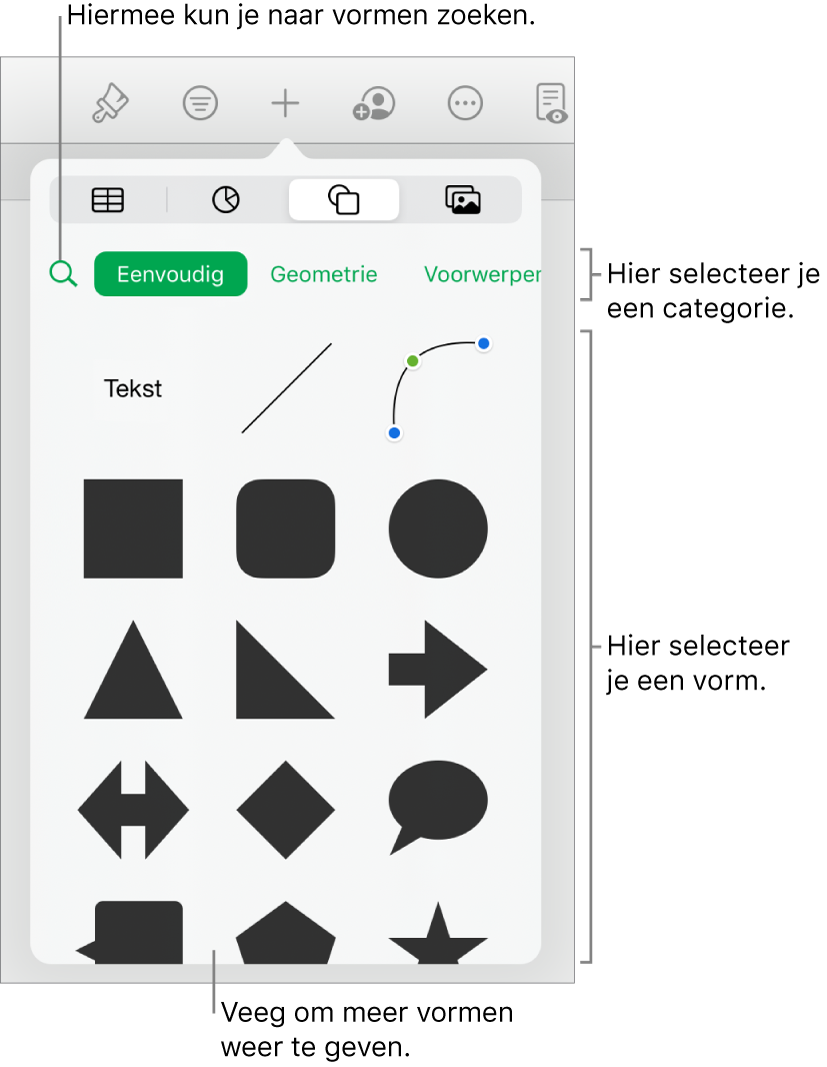 De vormenbibliotheek met bovenaan categorieën en onderaan vormen. Je kunt het zoekveld bovenaan gebruiken om vormen te zoeken. Veeg om meer opties weer te geven.