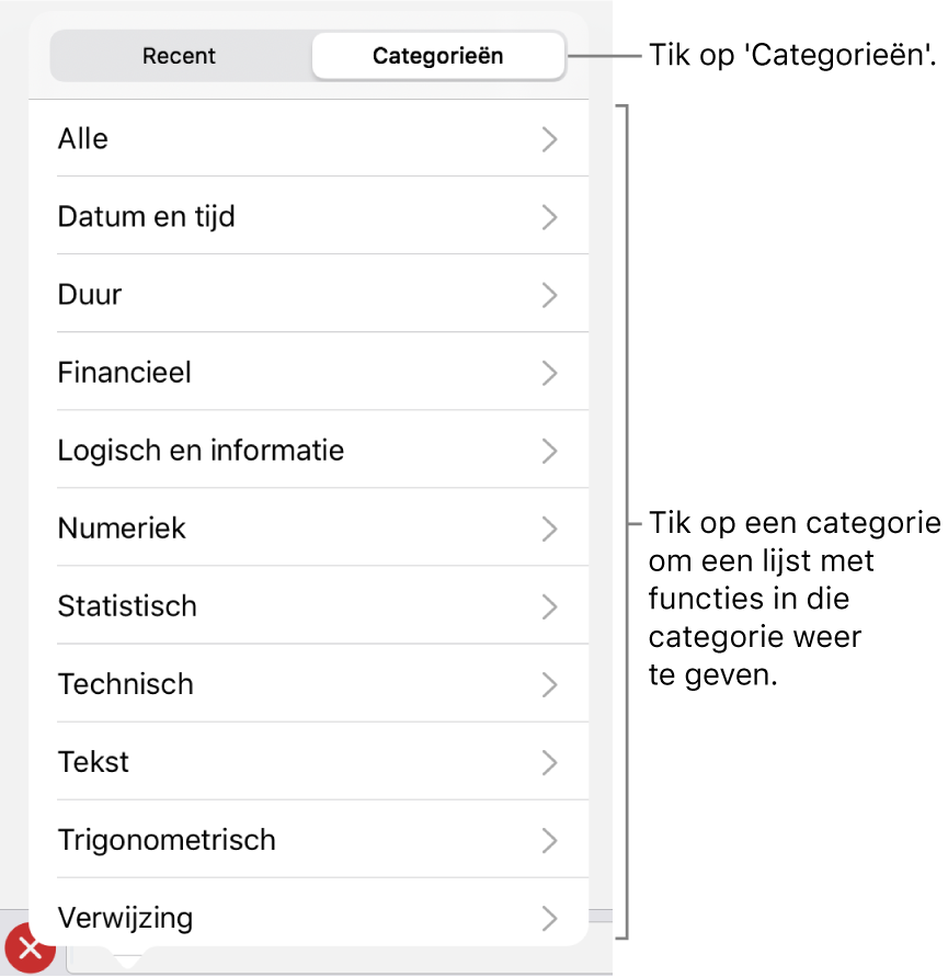 De functiekiezer met de knop 'Categorieën' geselecteerd en de lijst met categorieën eronder.