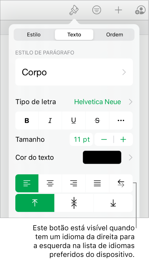 A secção Estilo do menu Formatação com uma chamada para o botão “Da direita para a esquerda”.