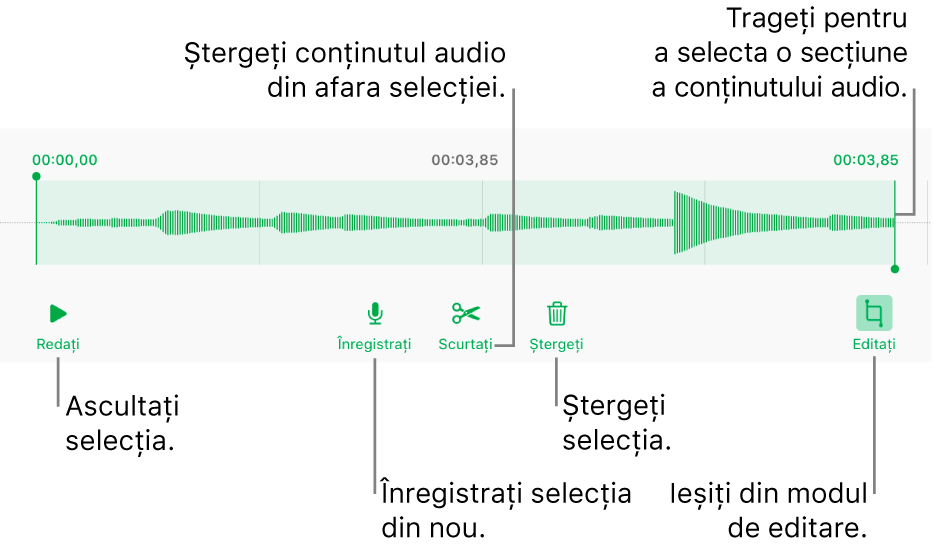 Comenzile pentru editarea conținutului audio înregistrat. Mânerele indică secțiunea selectată a înregistrării și butoanele pentru previzualizare, înregistrare, scurtare, ștergere și modul de editare se află mai jos.
