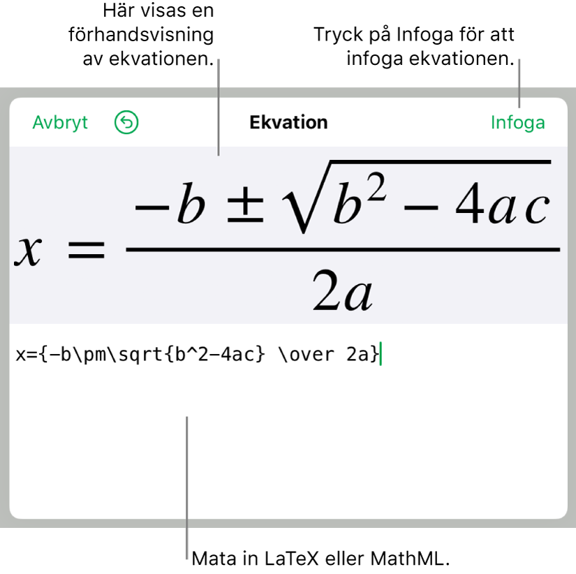 Den kvadratiska formeln skriven med LaTeX i ekvationsfältet och en förhandsvisning av formeln nedanför.