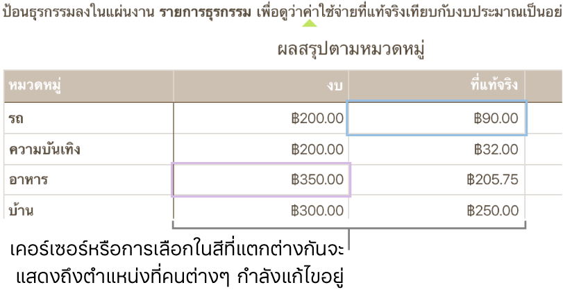 เคอร์เซอร์หรือสิ่งที่เลือกในสีที่แตกต่างกันแสดงถึงตำแหน่งที่แต่ละคนแก้ไขอยู่