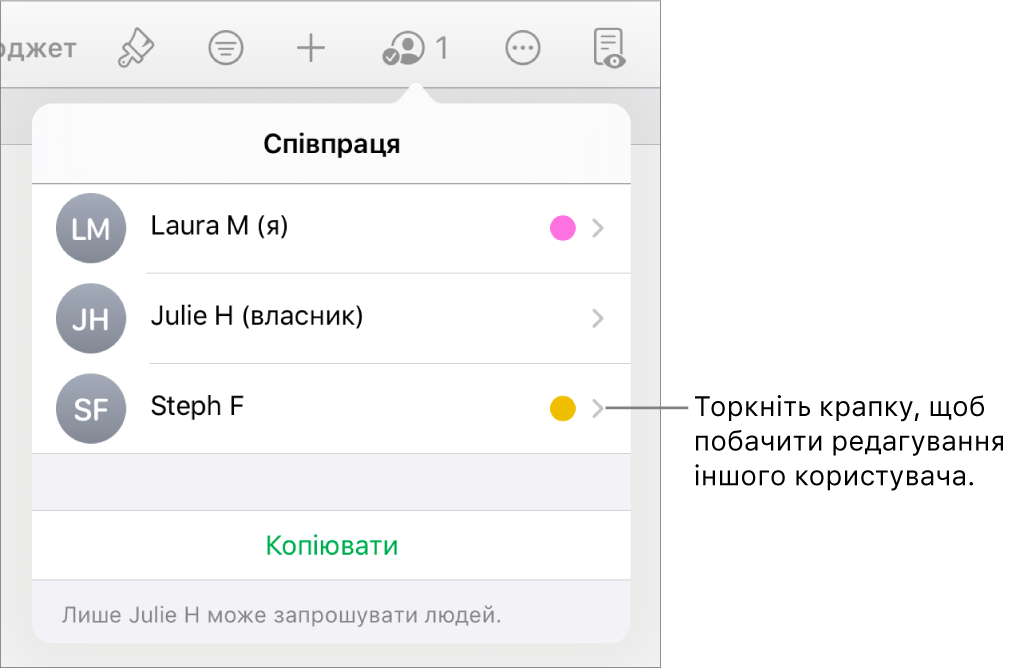 Список з трьох учасників з крапками різного кольору справа від кожного імені.