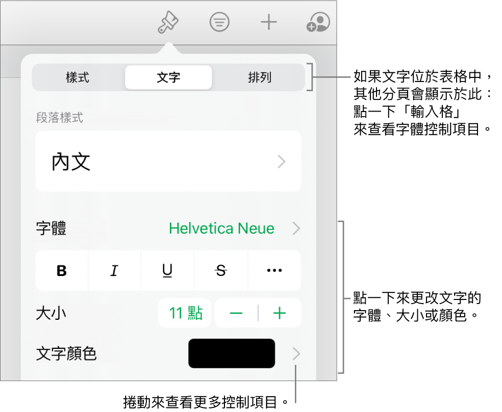 「格式」選單中設定段落及字元樣式、字體、大小和顏色的文字控制項目。