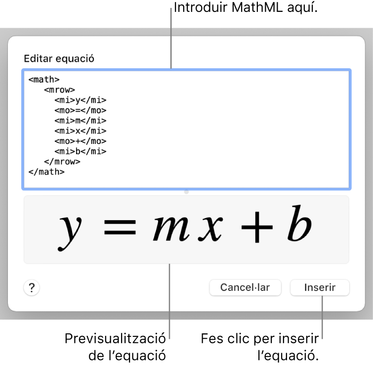 L’equació del pendent d’una línia al camp “Editar equació” i una previsualització de la fórmula a sota.