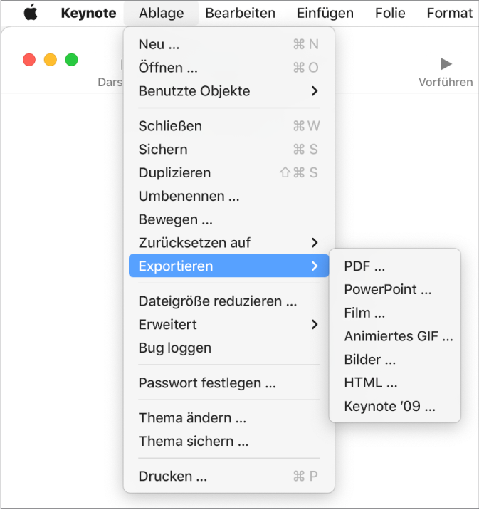 Exportieren Als Powerpoint Datei Oder In Ein Anderes Dateiformat In Keynote Auf Dem Mac Apple Support