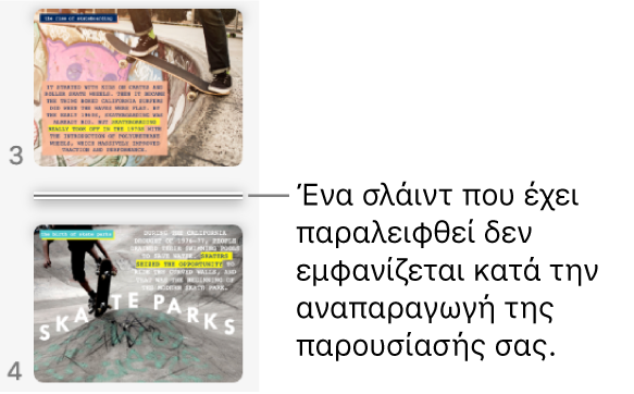 Ο πλοηγός σλάιντ με σλάιντ που παραλείφθηκε και φαίνεται ως οριζόντια γραμμή.