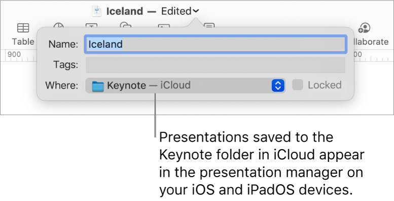 The Save dialogue for a presentation with Keynote — iCloud in the Where pop-up menu.