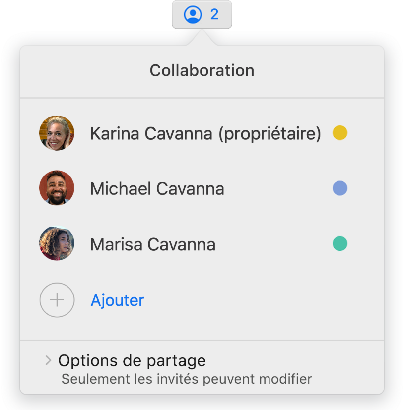 Le menu Collaboration affiche les noms des personnes qui collaborent dans la présentation. Les options de partage sont en dessous des noms.