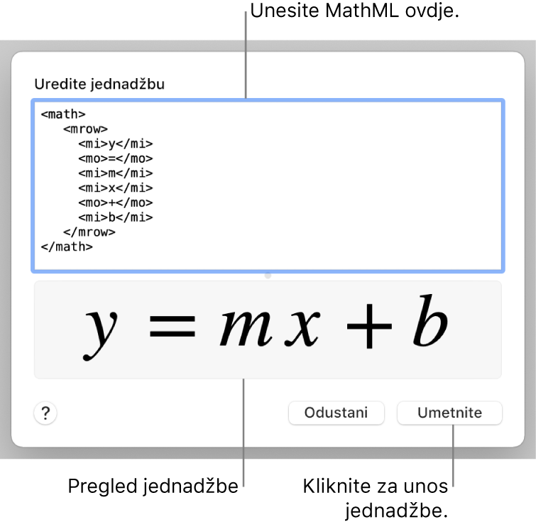 Jednadžba za nagib linije u polju Uredi jednadžbu, i pregled jednadžbe u nastavku.