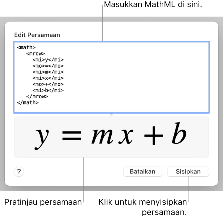 Persamaan untuk kemiringan garis di bidang Edit Persamaan, dan pratinjau formula di bawah.