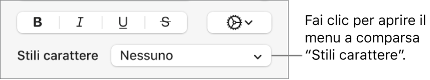 Menu a comparsa “Stili carattere” sotto i controlli per modificare stile e colore del testo.