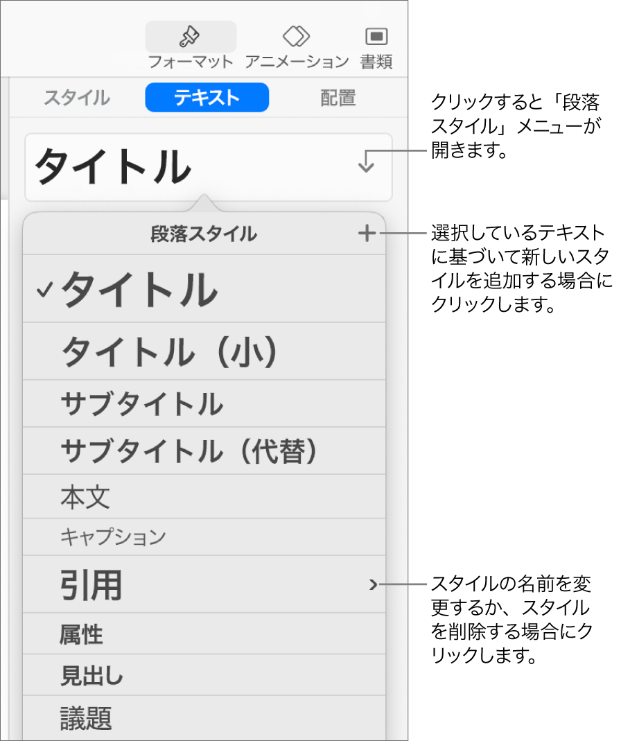 「段落スタイル」メニュー。スタイルを追加または変更するためのコントロールが表示された状態。