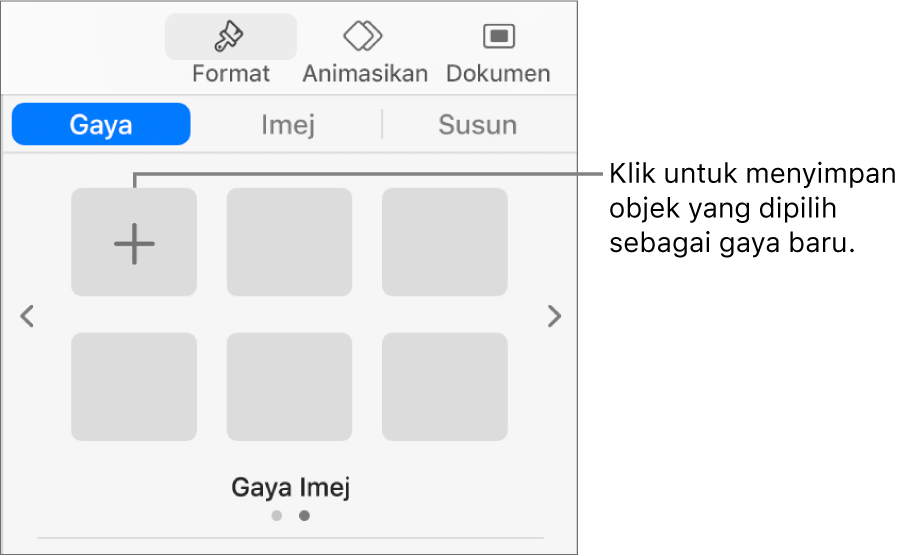 Tab Gaya pada bar sisi Format dengan satu gaya kotak teks, butang Cipta Gaya di bahagian kanan dan empat ruang letak gaya kosong.