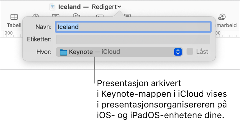 Arkiver-dialogruten for en presentasjon med Keynote – iCloud i Hvor-lokalmenyen.