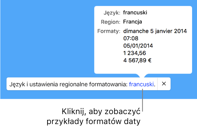 Powiadomienie o różnicy ustawień dotyczących języka i regionu, pokazujące przykłady formatowania używanego w wybranym języku i regionie.