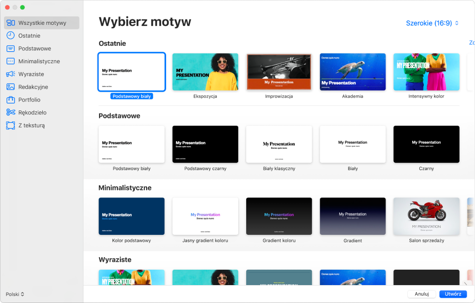 Paleta motywów. Pasek boczny po lewej zawiera listę kategorii motywów, w które możesz kliknąć, aby filtrować dostępne opcje. Po prawej stronie widoczne są miniaturki gotowych motywów uporządkowane wierszami według kategorii. Przycisk wymiarów motywu znajduje się w prawym górnym rogu, gdzie możesz ustawić format Standardowy lub Szeroki. Menu podręczne Język i region znajduje się w lewym dolnym rogu, natomiast przyciski Anuluj oraz Utwórz znajdują się w prawym dolnym rogu.