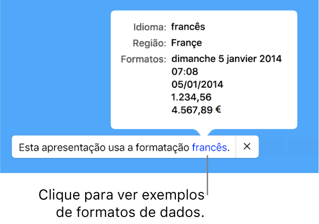 A notificação da configuração diferente de idioma e região, com exemplos de formatação no idioma e região diferentes.