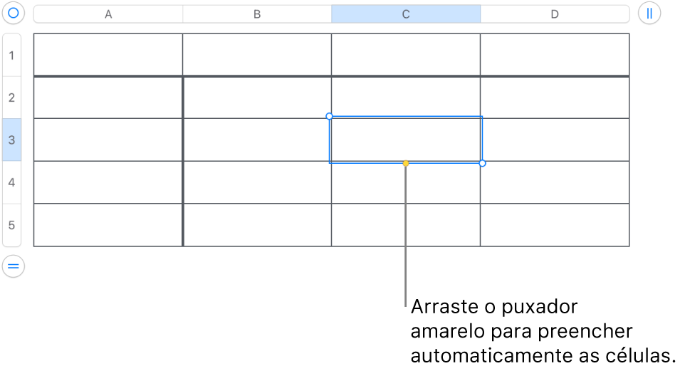 Uma célula selecionada com um puxador amarelo que pode arrastar para preencher automaticamente as células.