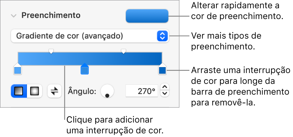 Controlos para preencher objetos com cores.
