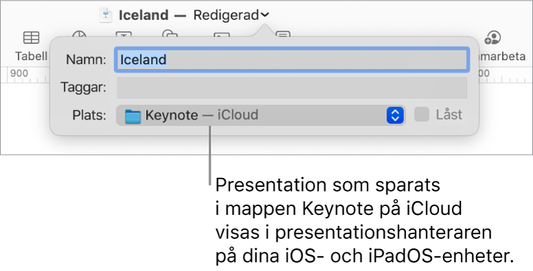 Dialogrutan Spara för en presentation med Keynote – iCloud i popupmenyn Plats.