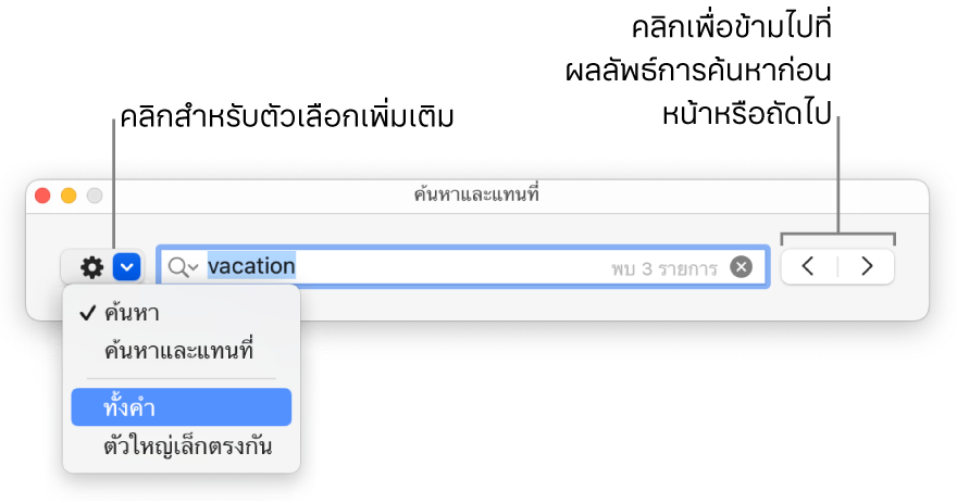 หน้าต่างค้นหาและแทนที่พร้อมคำอธิบายปุ่มเพื่อแสดงตัวเลือกสำหรับค้นหา ค้นหาและแทนที่ ทั้งคำ และตรงตามตัวพิมพ์อักษร ลูกศรด้านขวาทำให้คุณสามารถข้ามไปที่ผลการค้นหาก่อนหน้าหรือถัดไปได้