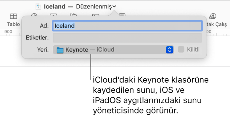 Nerede açılır menüsünde Keynote - iCloud içeren bir sunu için Kaydet iletişimi.