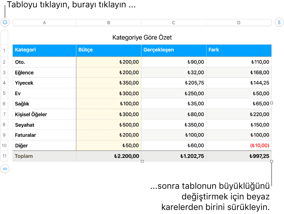 Yeniden boyutlandırma için beyaz kareleri bulunan seçili bir tablo.