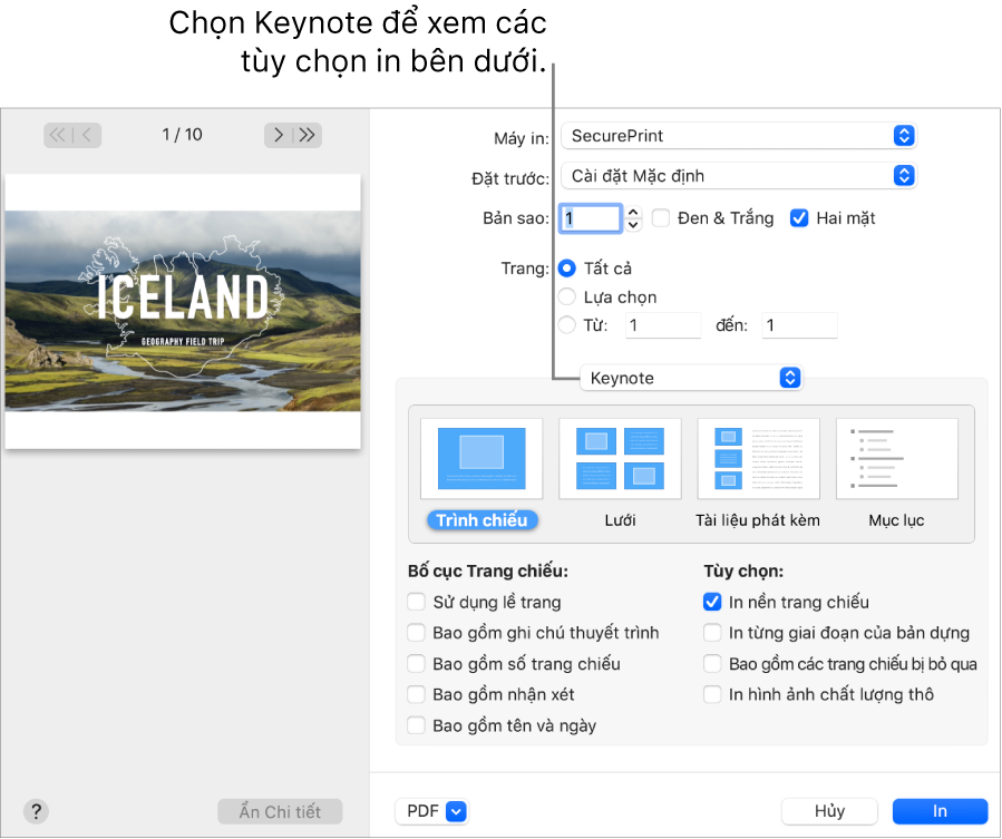 Hộp thoại In với Keynote được chọn trong menu bật lên bên dưới Pages. Bên dưới là bố cục in cho Trang chiếu, Lưới, Tài liệu phát kèm và Đề cương với Trang chiếu được chọn. Bên dưới bố cục là hộp kiểm để hiển thị lề, bao gồm lưu ý cho người thuyết trình, in hình ảnh chất lượng thô và các tùy chọn khác.