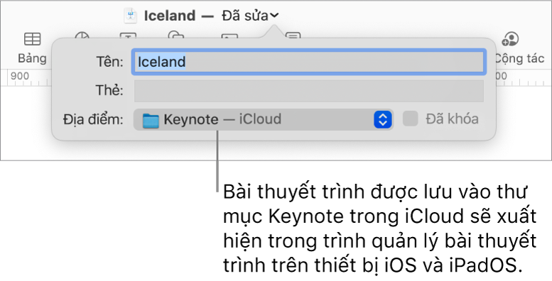 Hộp thoại Lưu cho bài thuyết trình với Keynote – iCloud trong menu bật lên Vị trí.