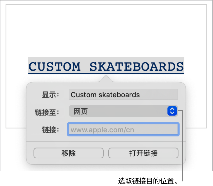 链接编辑器控制，其中包括“显示”栏、“链接至”弹出式菜单（“网页”被选中）和“链接”栏。“移除”和“打开链接”按钮位于控制底部。