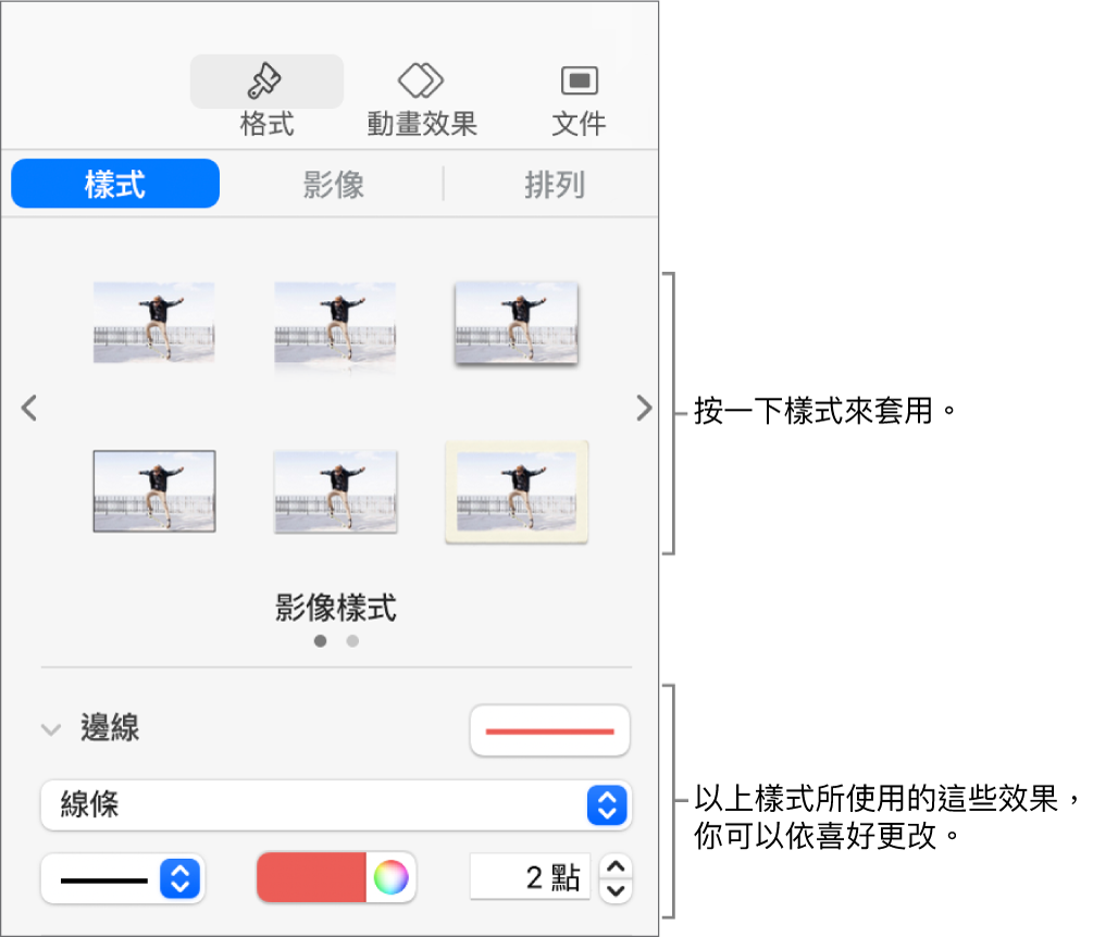 「格式」側邊欄的「樣式」分頁，其中顯示物件樣式的選項。