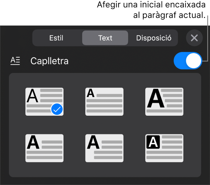 Els controls de Caplletra, ubicats a la part inferior del menú Text.