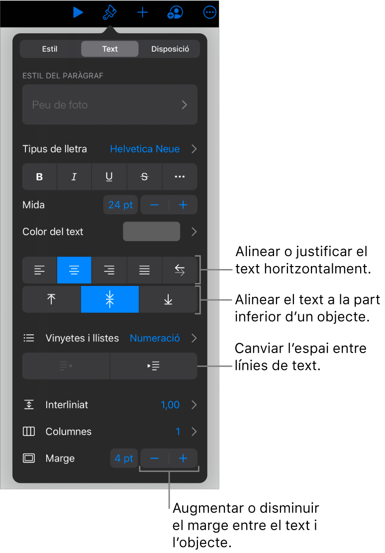 La secció Disposició, amb llegendes per als botons d’alineació i d’espaiat del text.