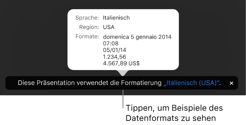 Die Mitteilung zur anderen Sprache und Region mit Beispielen der Formatierung in dieser Sprache und Region.