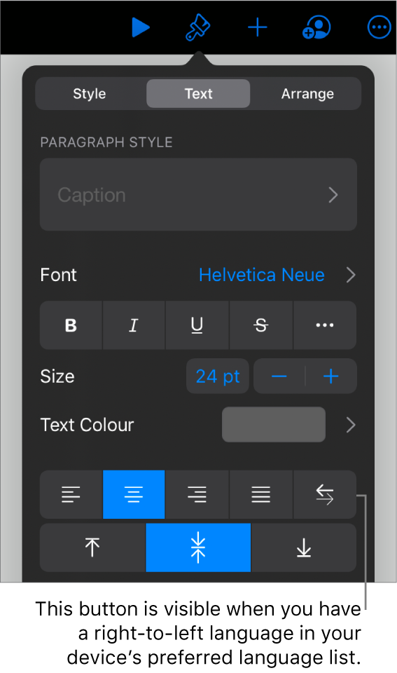 Text controls in the Format menu, with a callout to the Left to Right button.