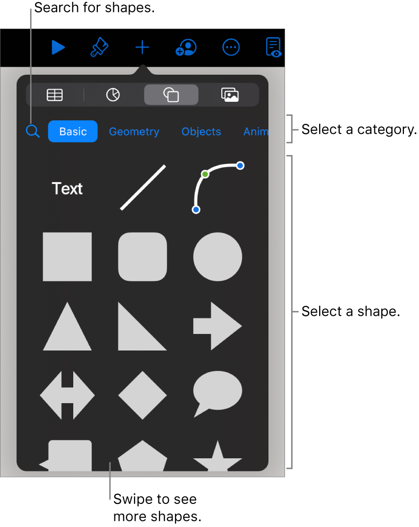 The shapes library, with categories at the top and shapes displayed below. You can use the search field at the top to find shapes and swipe to see more.