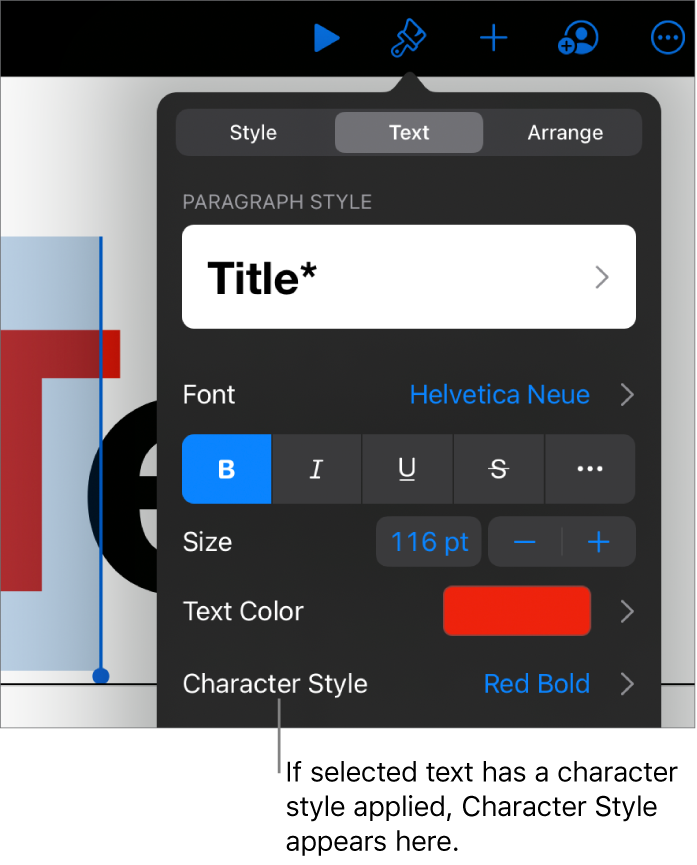 The Text formatting controls with Character Style below the Color controls. The character style None appears with an asterisk.