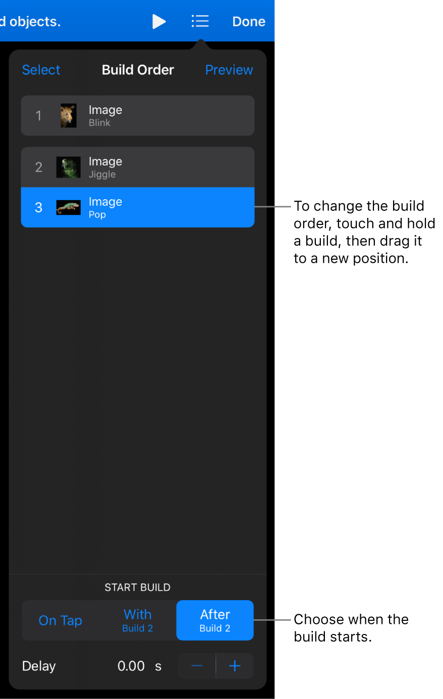 The Build Order list showing build in effects with yellow badges and build out effects with gray badges.